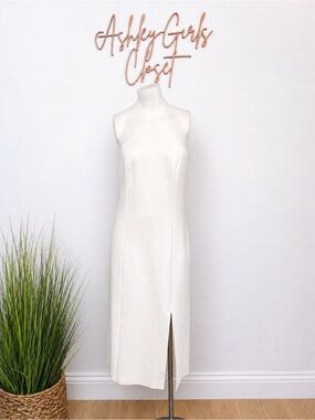 White Halter Neck Midi Dress with Front Slit – Minimalist Chic (MISHA)